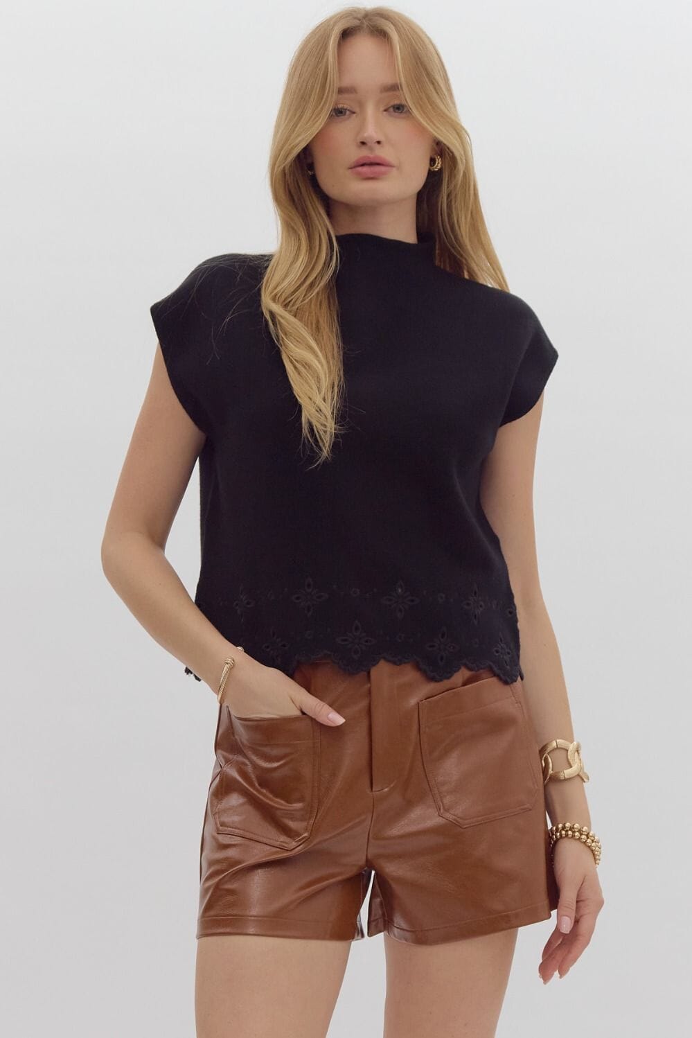 Cognac Faux Leather Front Pocket Shorts Entro