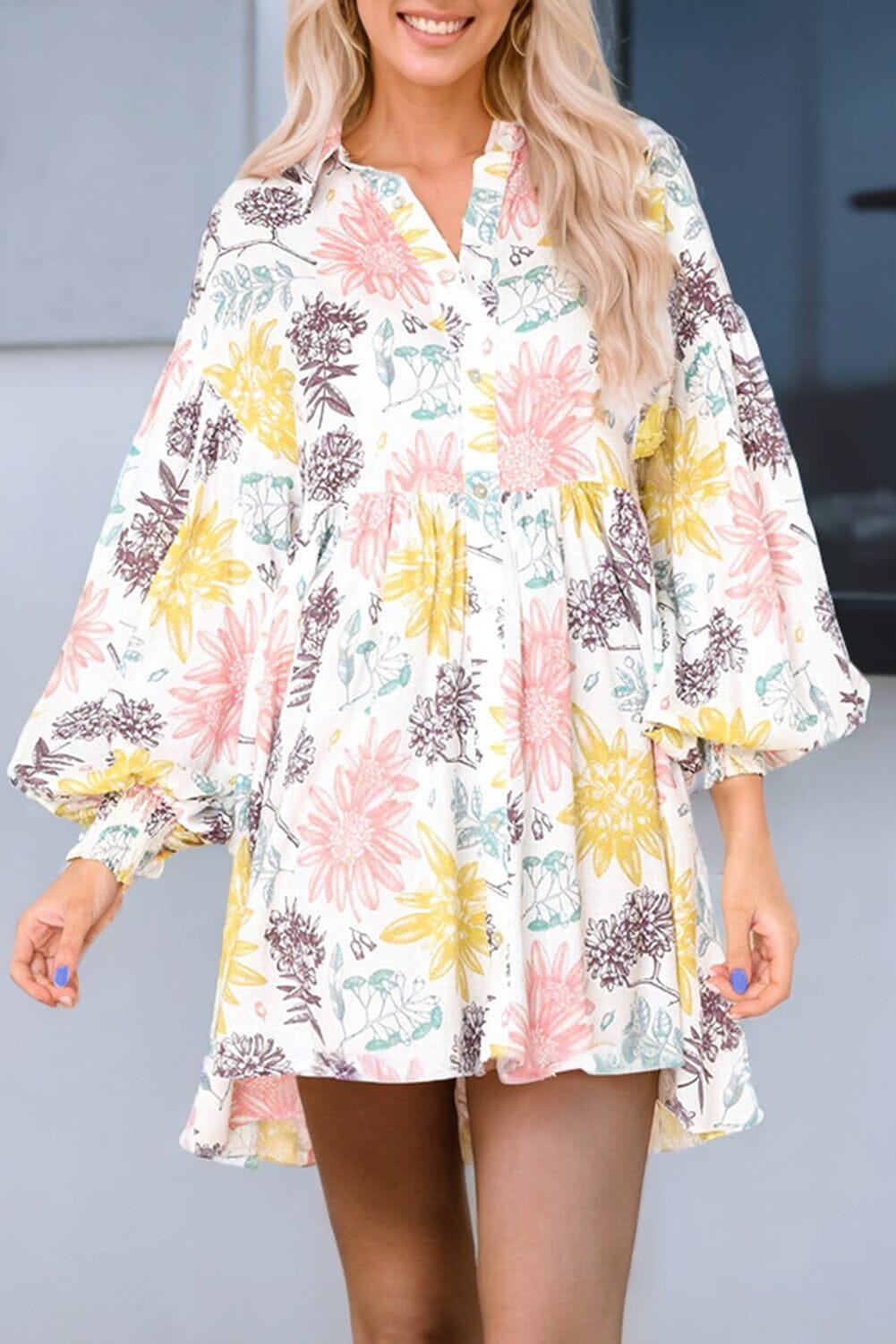 Collared Neck Bubble Sleeve Floral Dress Kentce