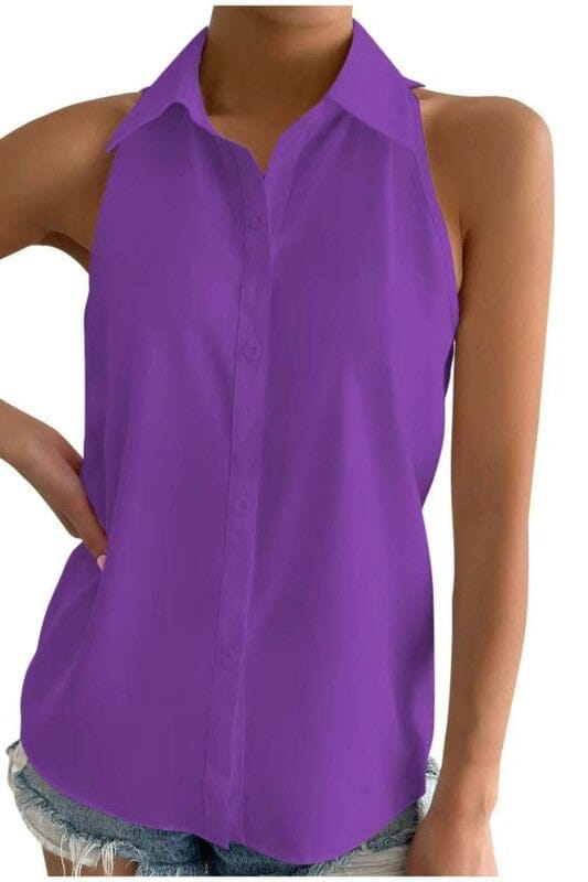 Collared Sleeveless Button Up Asia Direct