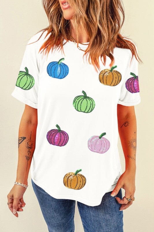 Colorful Sequin Pumpkin Tee Shewin
