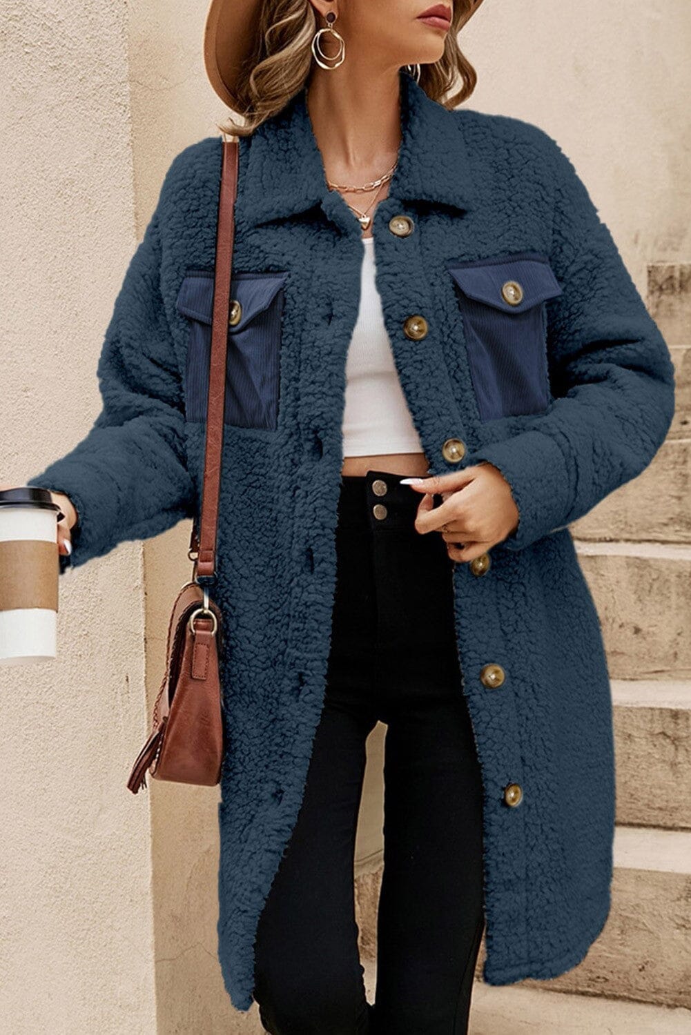 Contrast Flap Pocket Single Breasted Teddy Coat Kentce