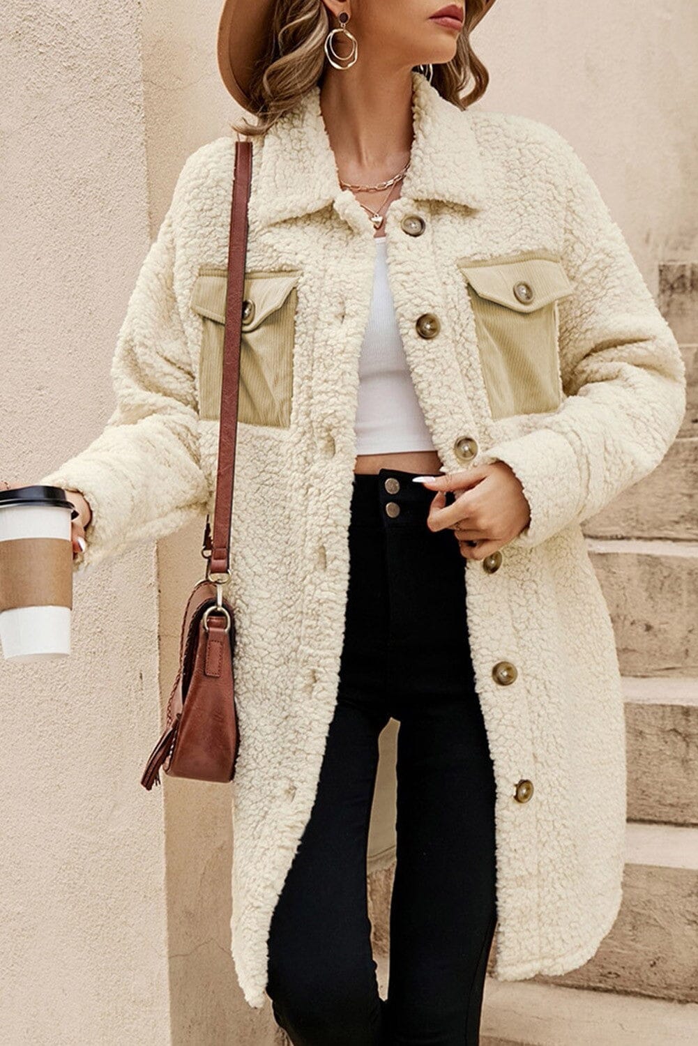 Contrast Flap Pocket Single Breasted Teddy Coat Kentce