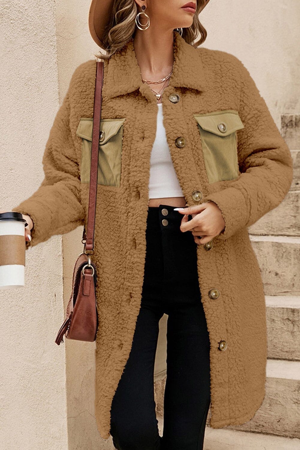 Contrast Flap Pocket Single Breasted Teddy Coat Kentce