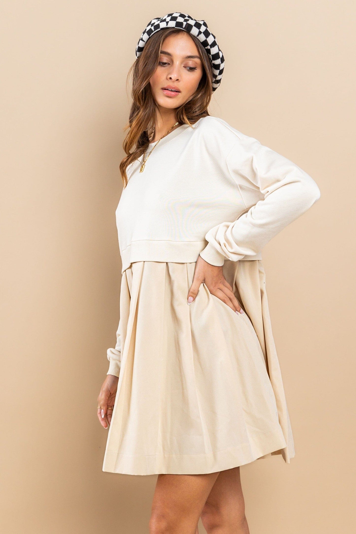 Contrast French Terry Pleated Mini Dress Ces Femme