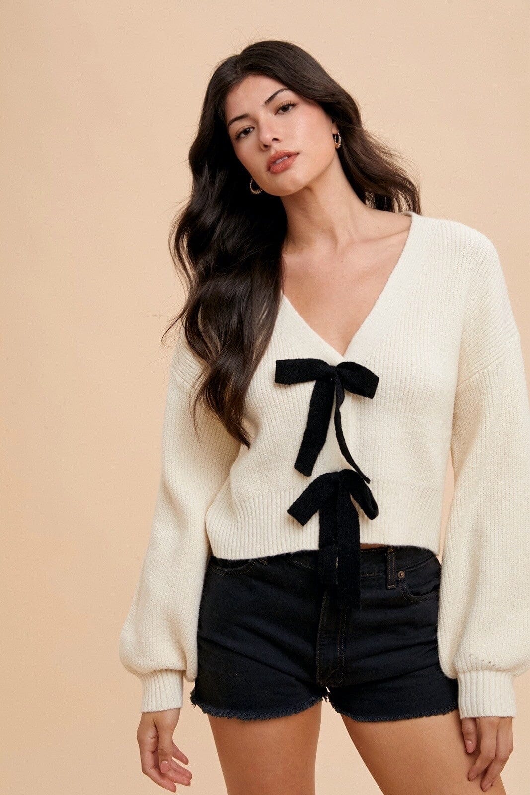 CONTRAST FRONT TIE DETAIL RIB SWEATER CARDIGAN Annie Wear