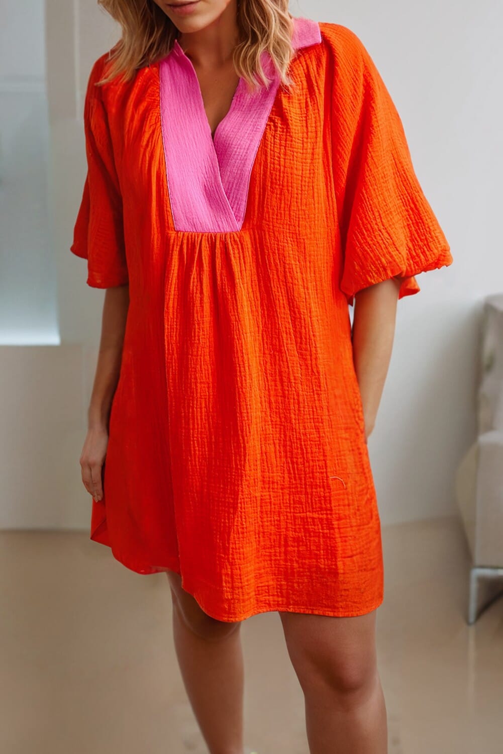Contrast Gauze V Neck Collared Dress jupiter and me