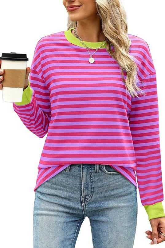 Contrast Round Neck Striped Long Sleeved Top shoppingwill
