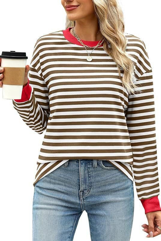 Contrast Round Neck Striped Long Sleeved Top shoppingwill