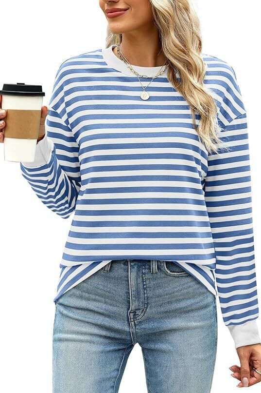 Contrast Round Neck Striped Long Sleeved Top shoppingwill
