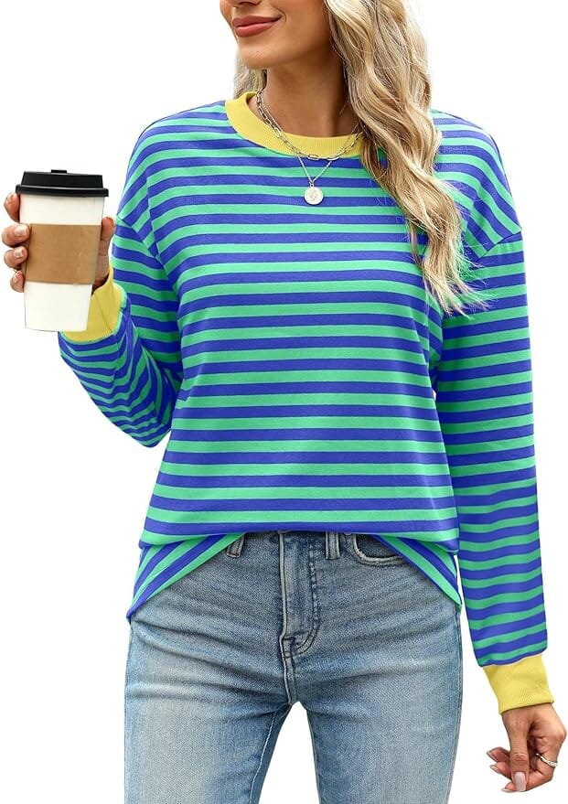 Contrast Round Neck Striped Long Sleeved Top shoppingwill