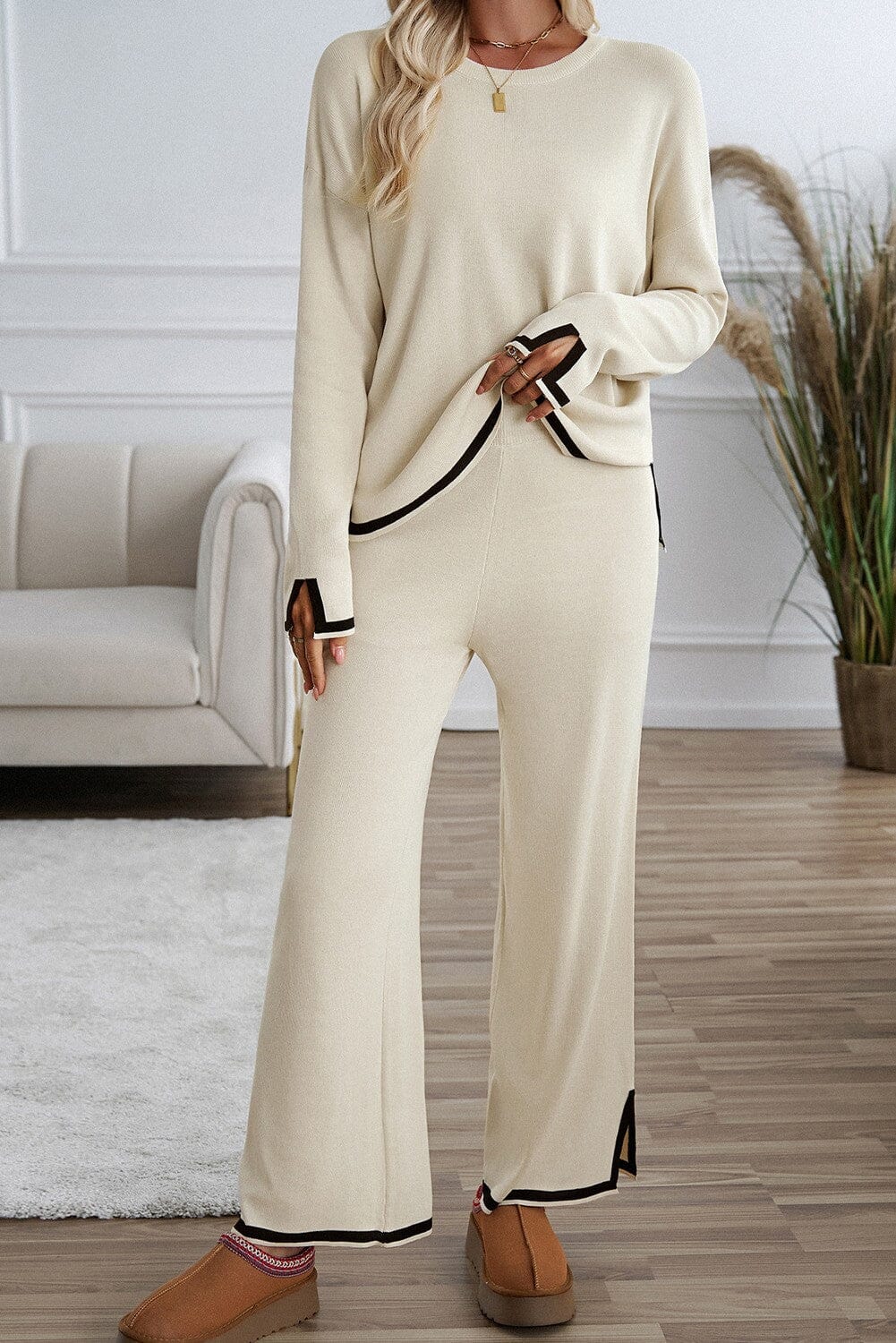 Contrast Trim Split 2pcs Sweater Outfit Loungewear Kentce