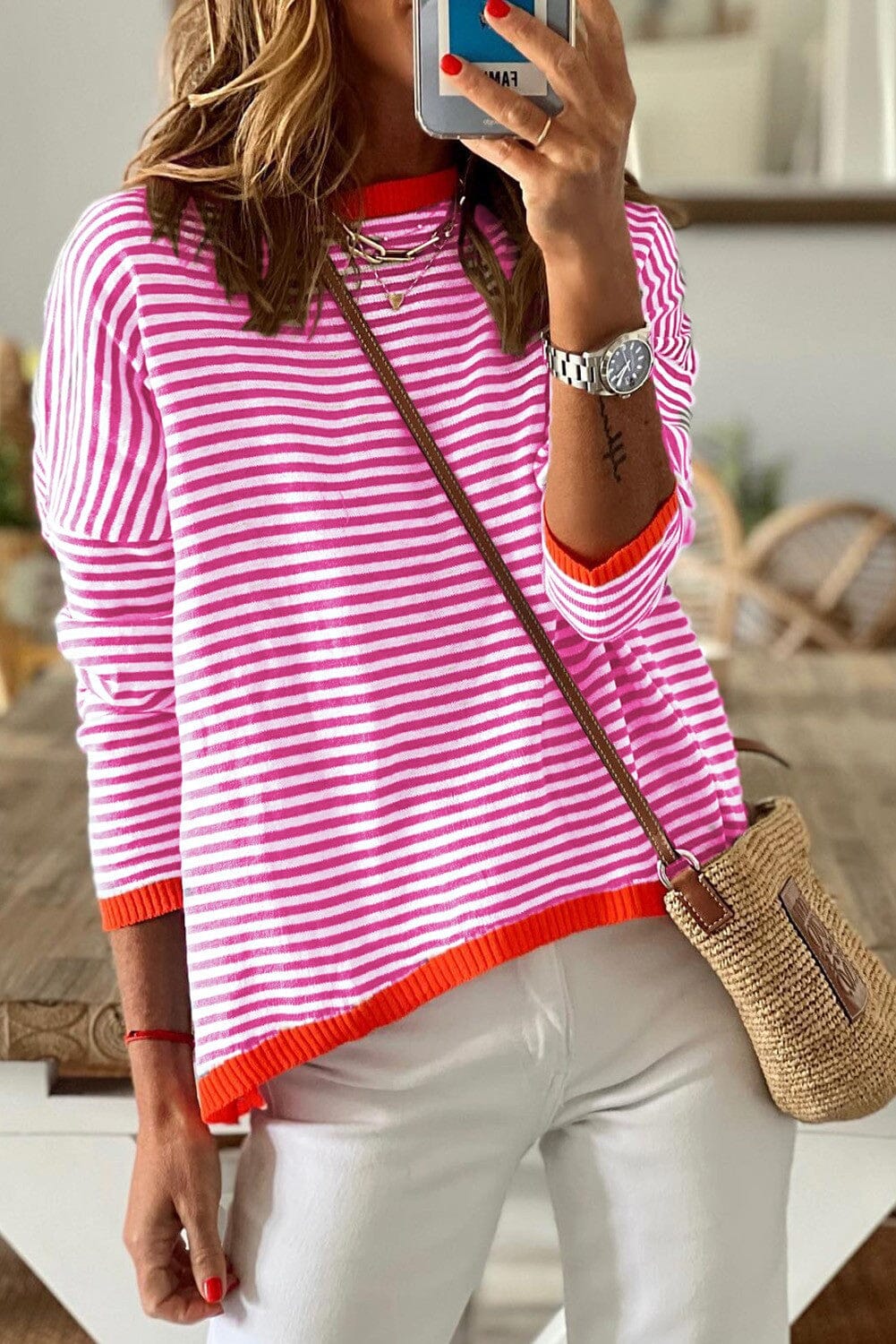 Contrast Trim Striped Sweater Youmi