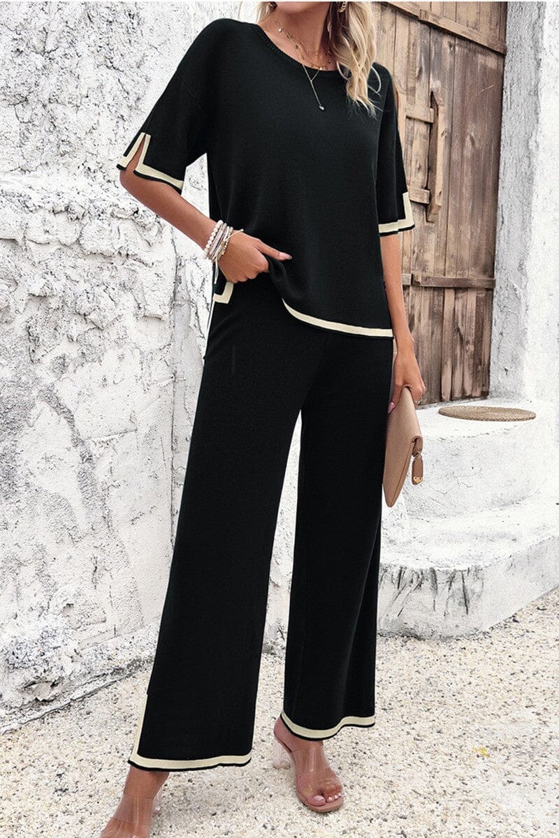 Contrast Trim Top and Wide-Leg Pants Set Mayah Overseas