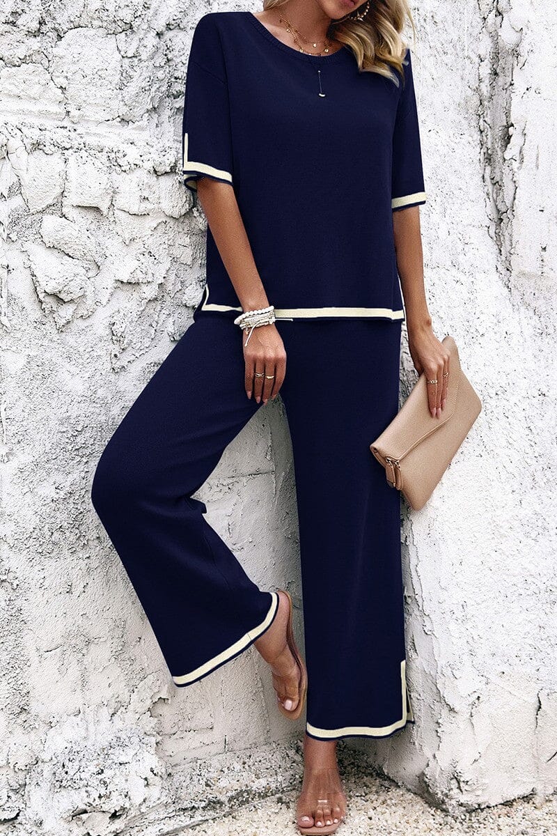 Contrast Trim Top and Wide-Leg Pants Set Mayah Overseas
