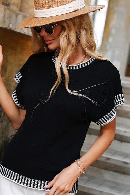 Contrasting Trimmed SS Sweater Youmi
