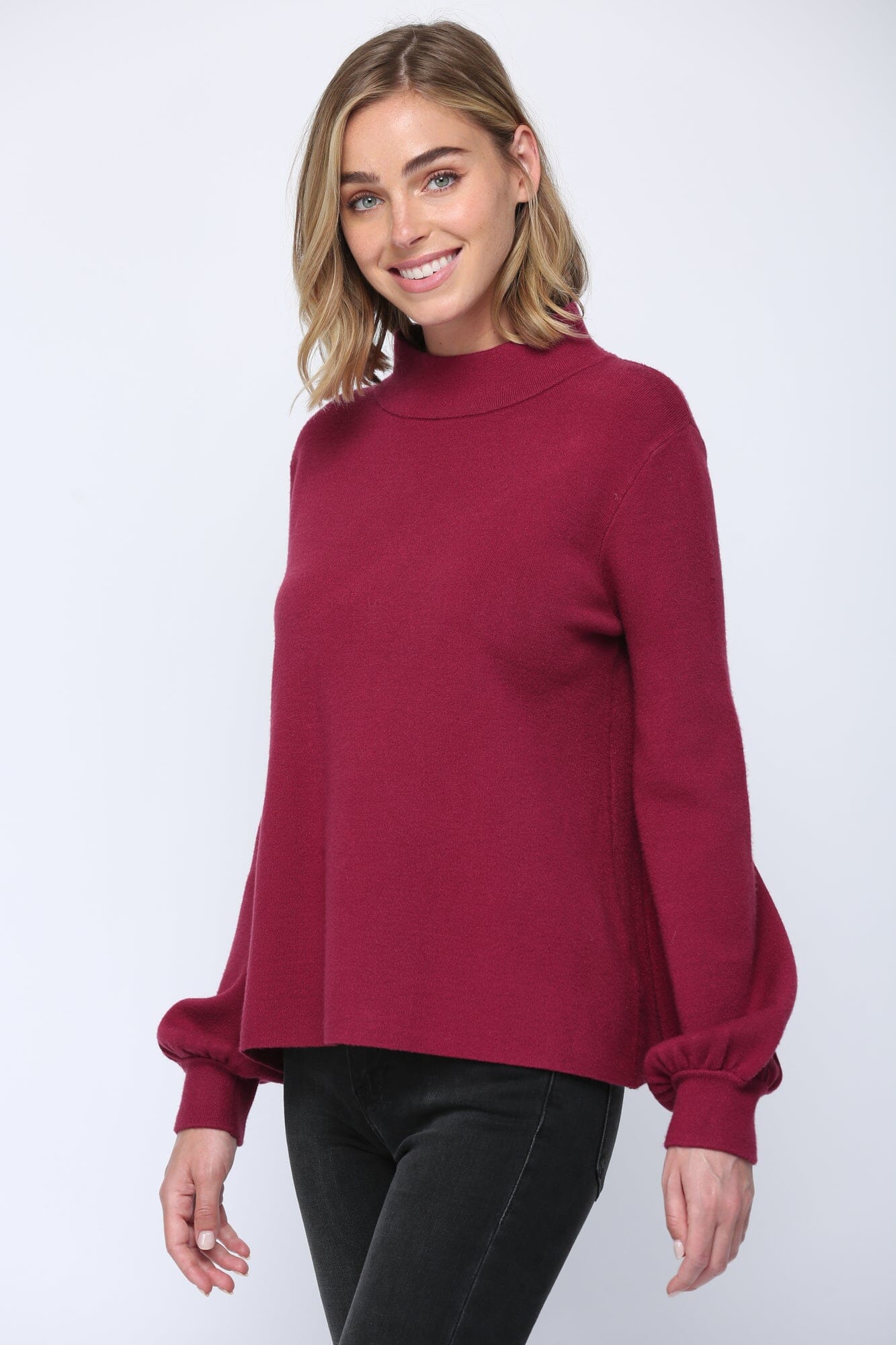Cranberry Mock Neck Bubble Sleeve Sweater Fate