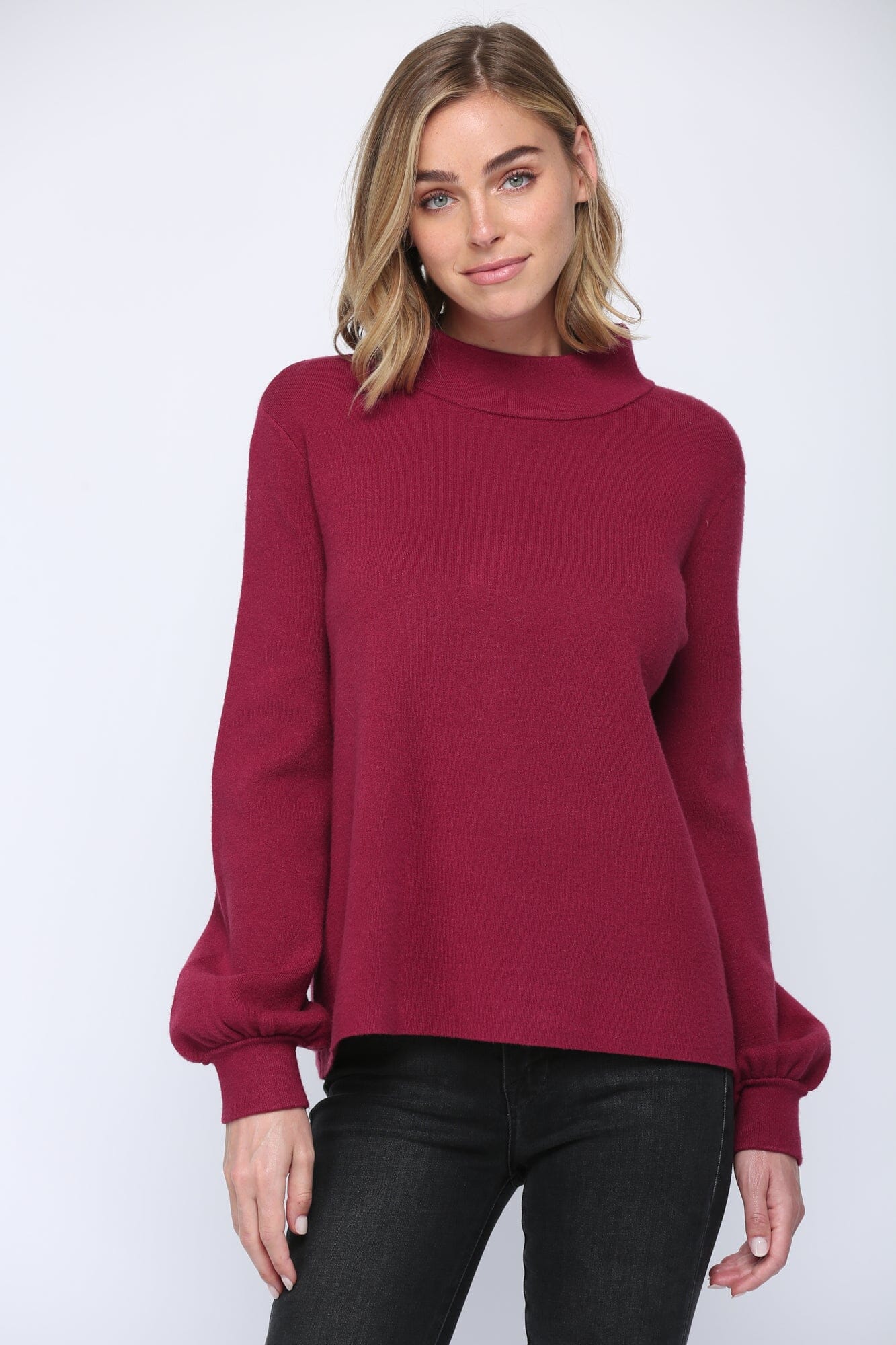 Cranberry Mock Neck Bubble Sleeve Sweater Fate