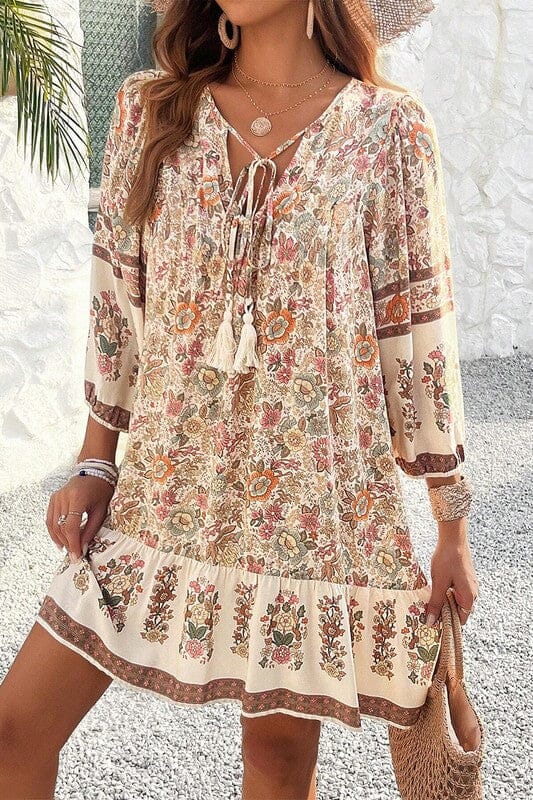 Cream Floral Boho Dress Kentce