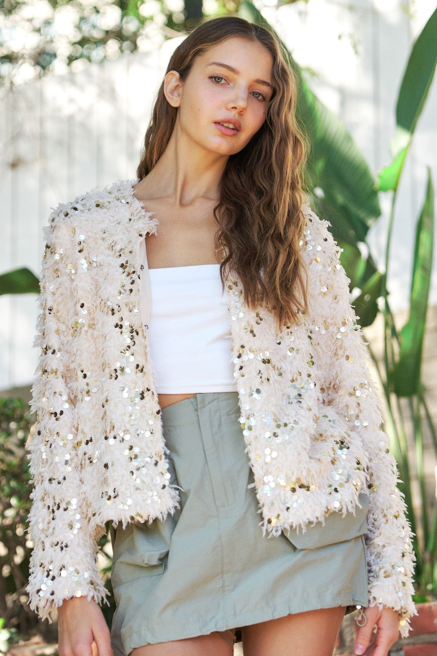 Cream Fuzzy Sequined Jacket SNAP-Something New And Pretty