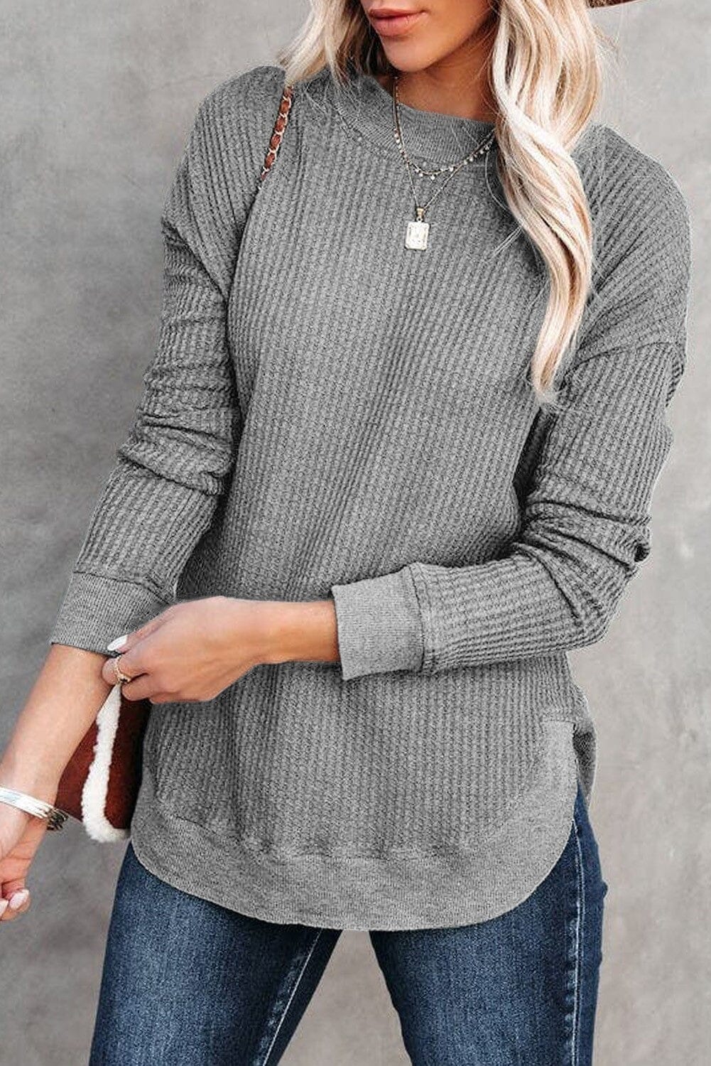 Crew Neck Ribbed Trim Waffle Knit Top Shiying