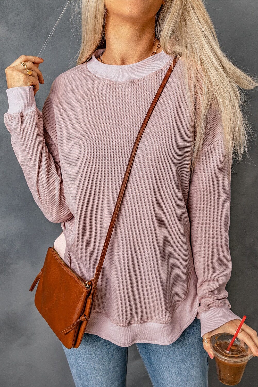 Crew Neck Ribbed Trim Waffle Knit Top Shiying