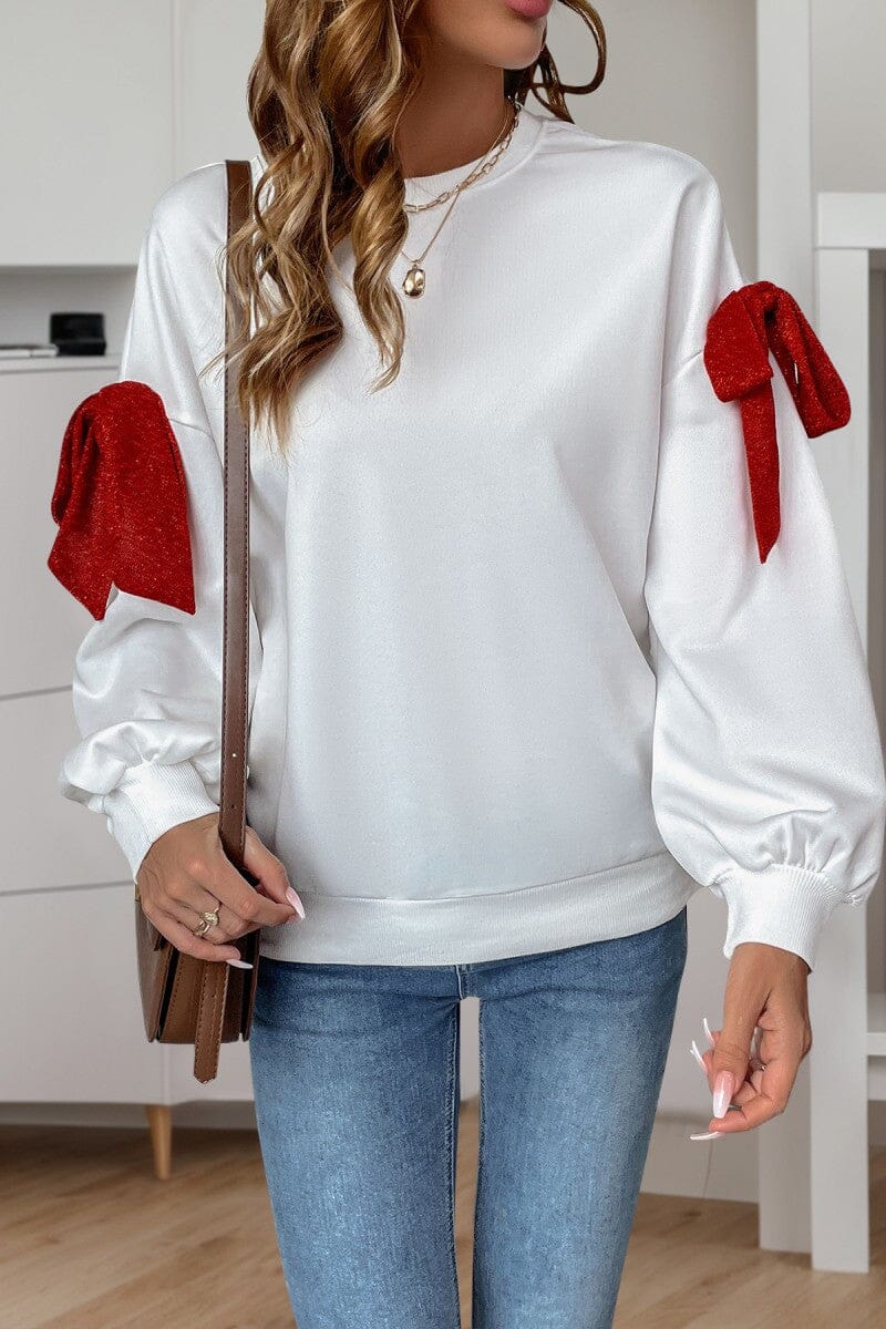 Crew Neck Sweatshirt with Red Bow on Sleeve-BLACK FRIDAY SPECIAL-FINAL SALE Asia Direct