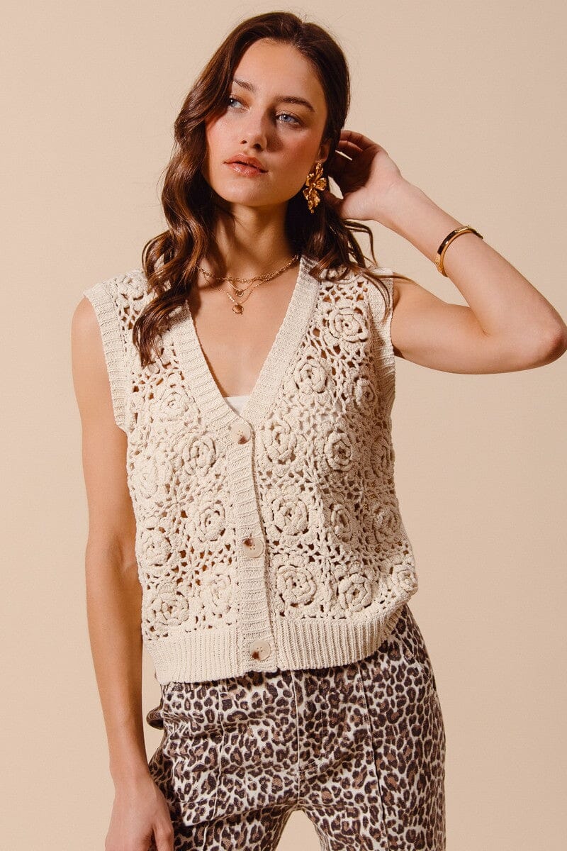 CROCHET BUTTON FRONT SWEATER TOP So Me