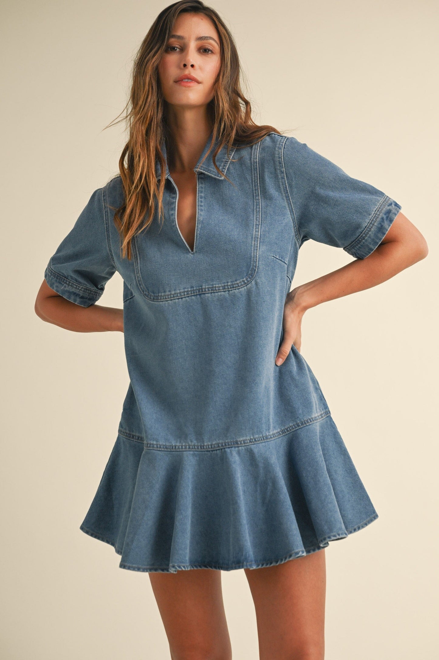 DENIM COLLARED RUFFLE HEM MINI DRESS mable