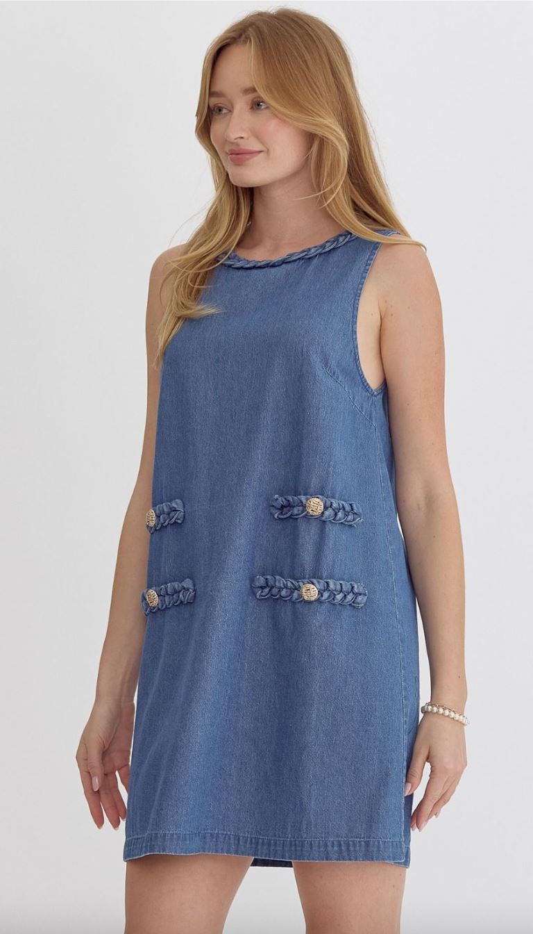Denim Sleeveless Braid Detail Dress entro