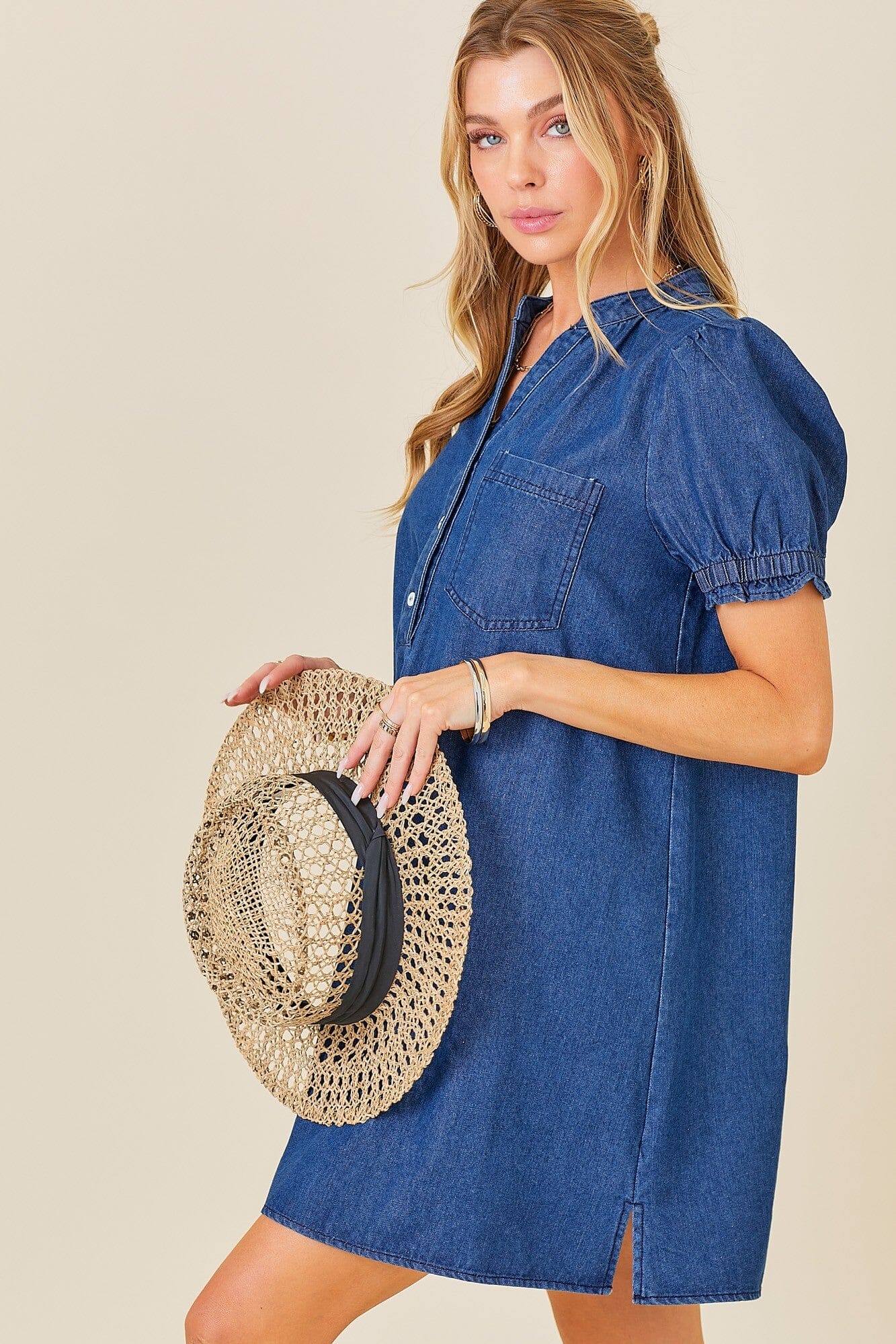 DENIM V-NECK MINI DRESS WITH PUFF SHORT SLEEVES day + moon