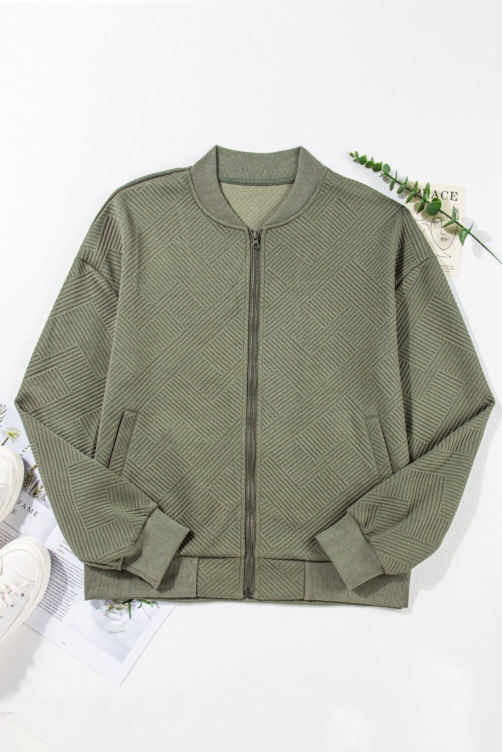 Drop Shoulder Zip-Up Bomber Jacket Kentce