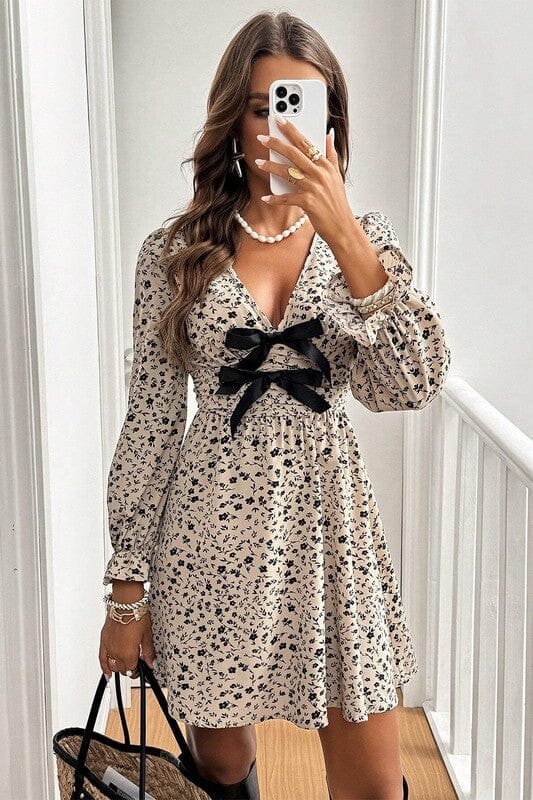 Dual Bow Floral Smocked Waist Dress Shiying