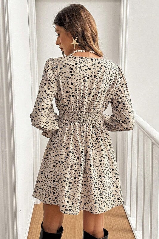 Dual Bow Floral Smocked Waist Dress Shiying