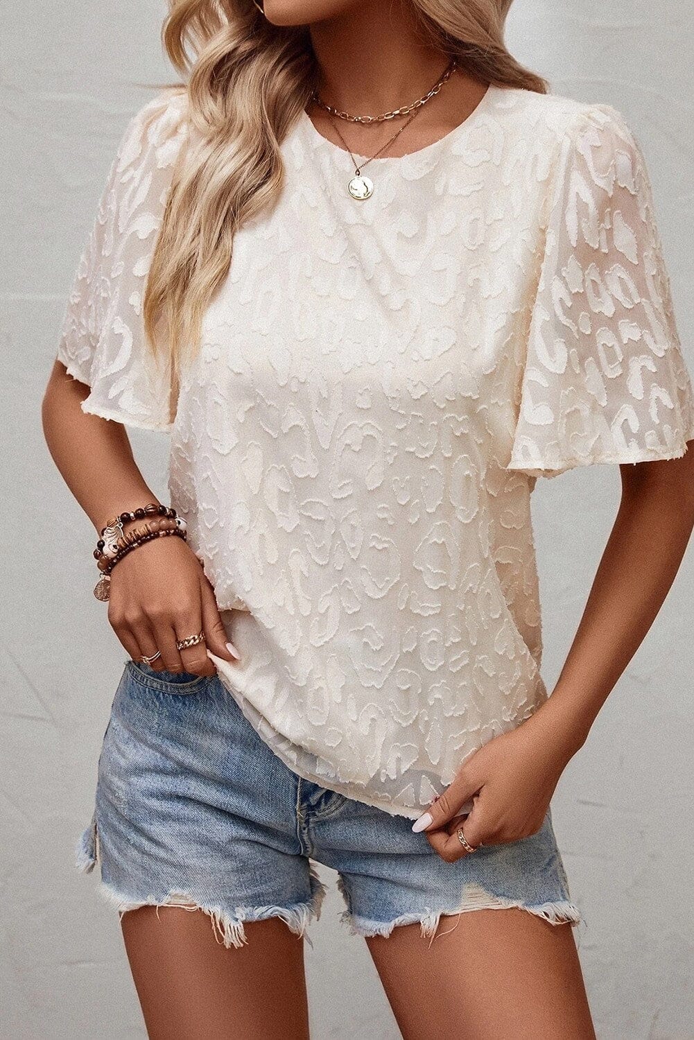 Elegant Jacquard Butterfly Sleeve Blouse Kentce