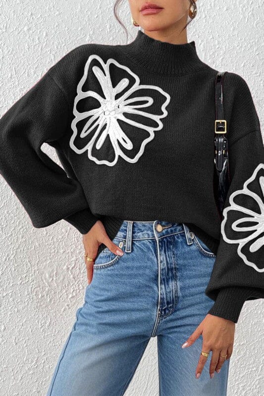 Embroidered Flower Sweater Asia Direct small Black