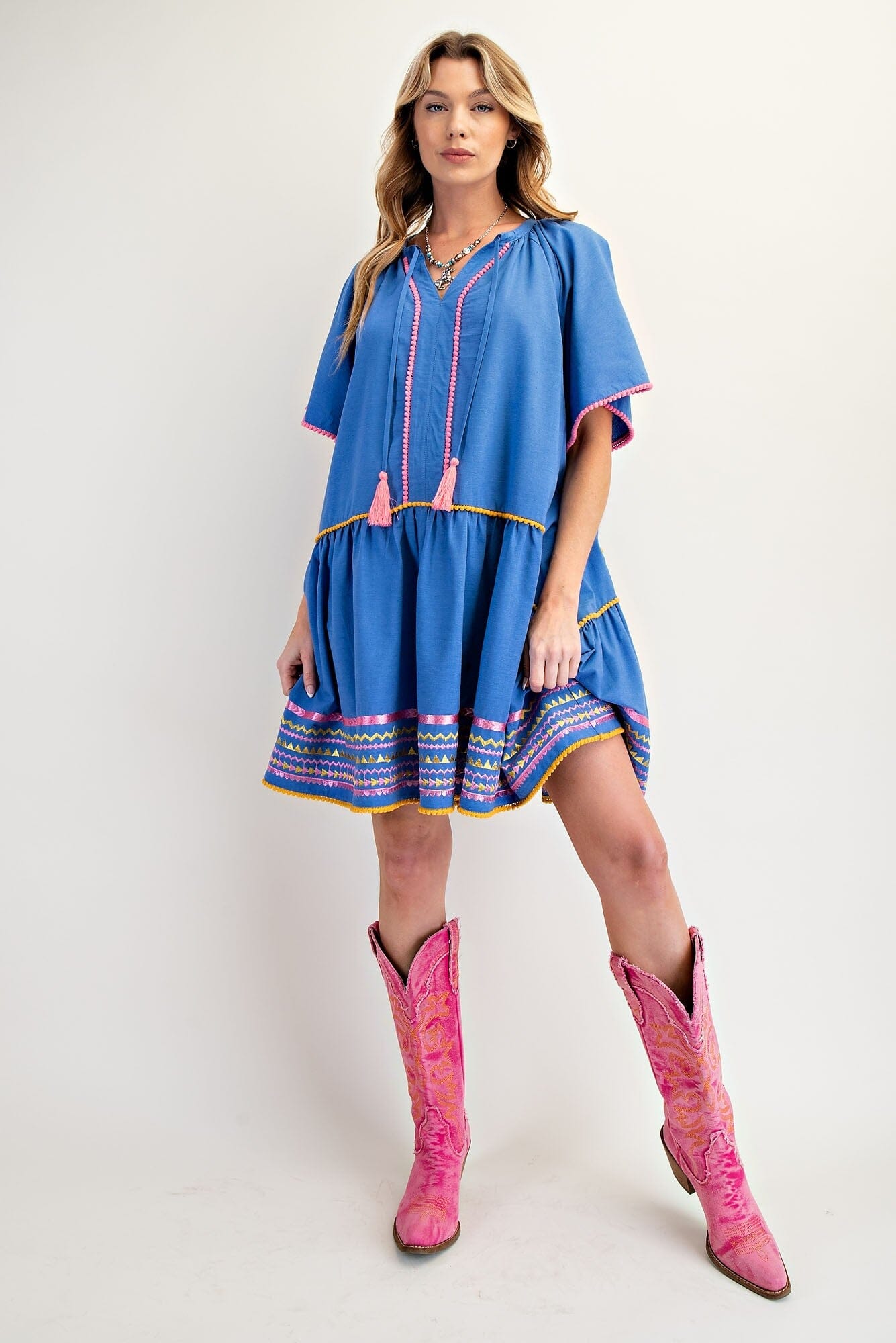 EMBROIDERED HEM COTTON LINEN WOVEN DRESS easel