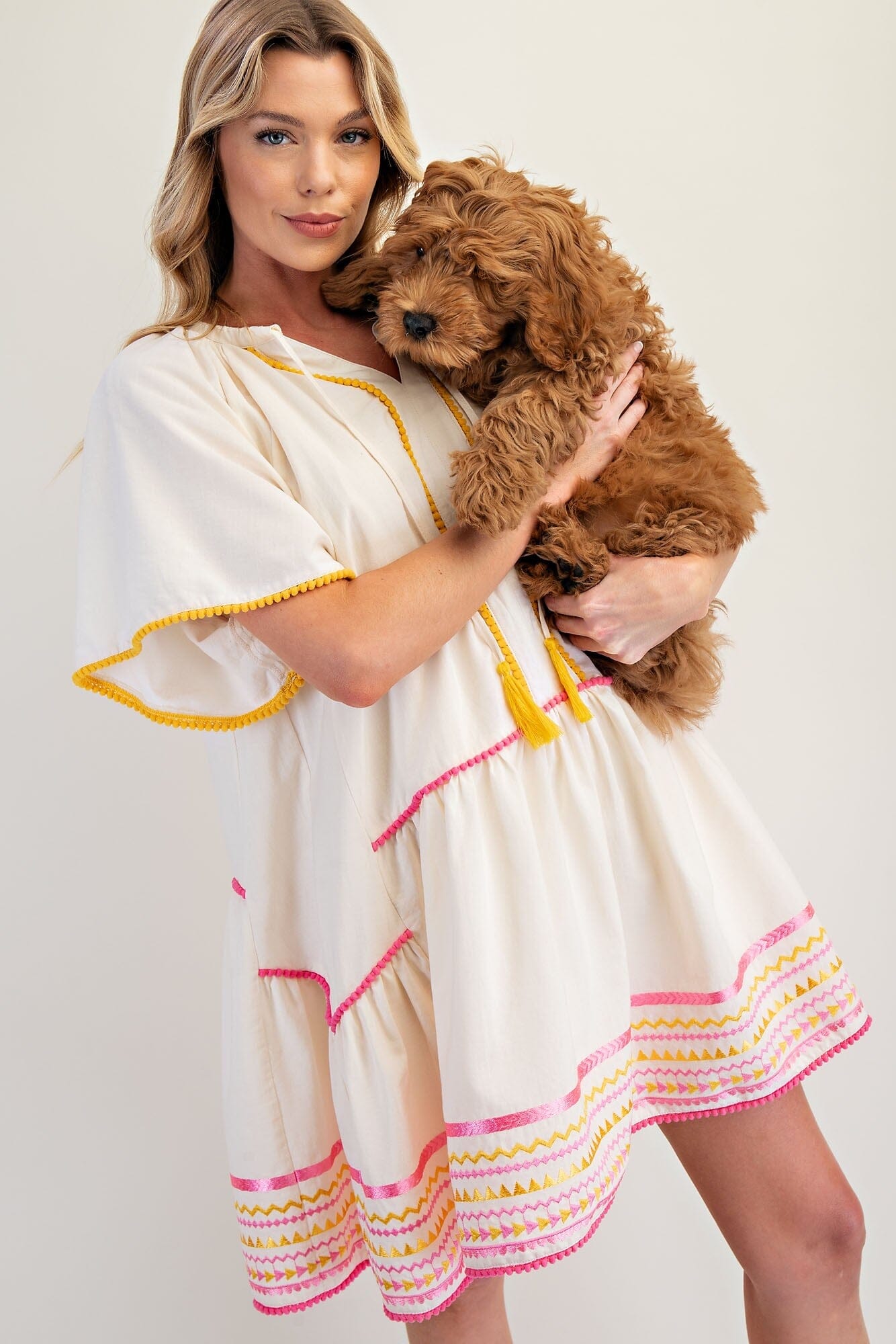 EMBROIDERED HEM COTTON LINEN WOVEN DRESS easel