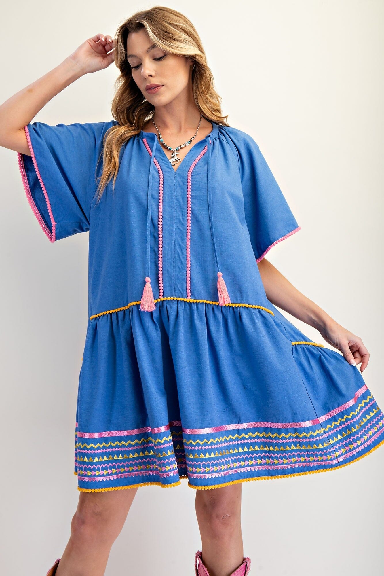 EMBROIDERED HEM COTTON LINEN WOVEN DRESS easel
