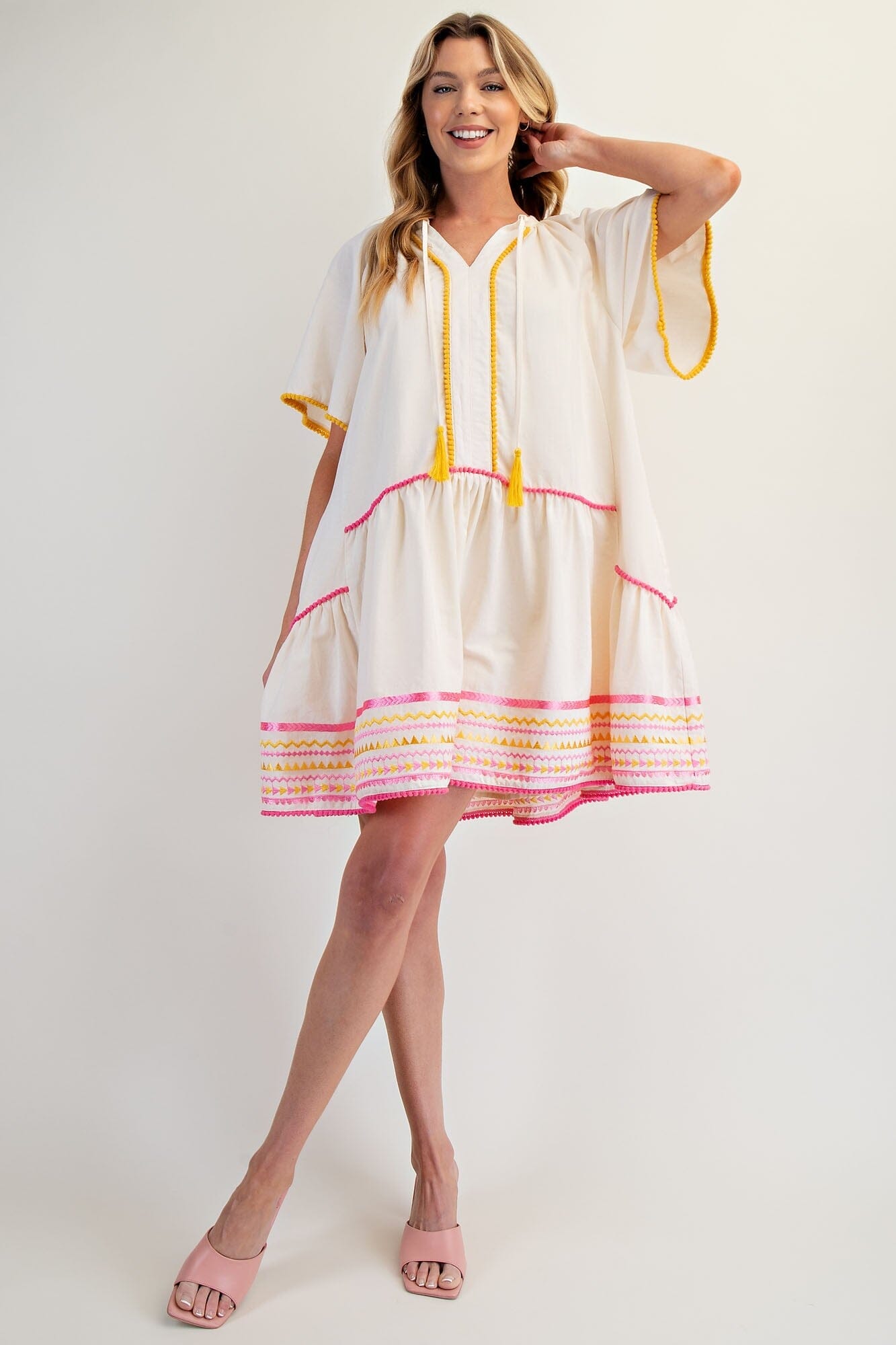 EMBROIDERED HEM COTTON LINEN WOVEN DRESS easel
