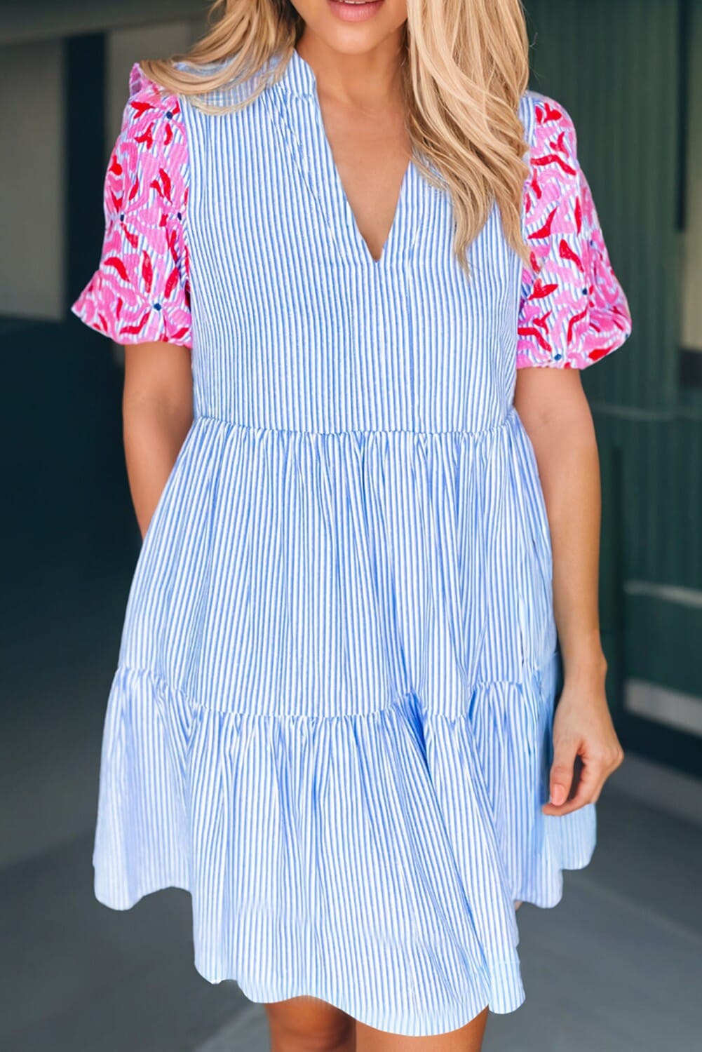 Embroidered Stripe Tiered Ruffle Dress Kentce