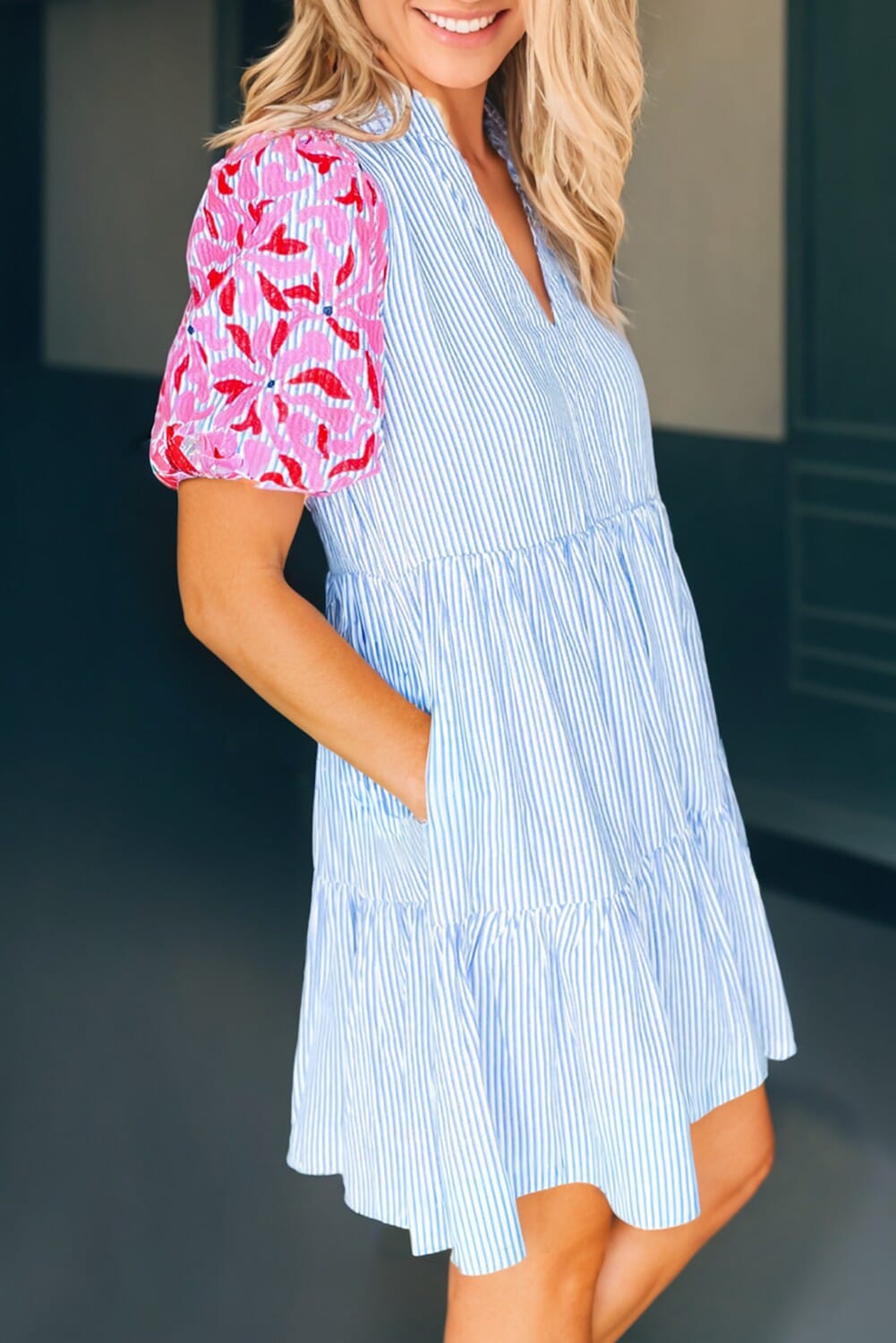 Embroidered Stripe Tiered Ruffle Dress Kentce