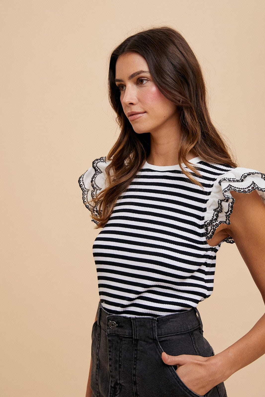 EYELET DOUBLE RUFFLE SLEEVE STRIPE KNIT TOP annie wear