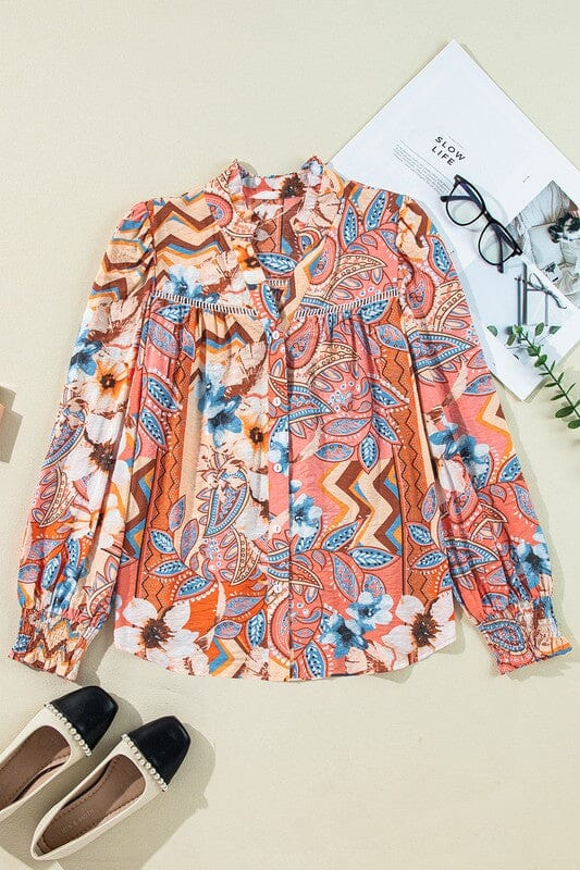 Fall Paisley Shirred Button Up Top Kentce