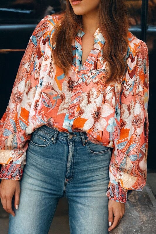 Fall Paisley Shirred Button Up Top Kentce