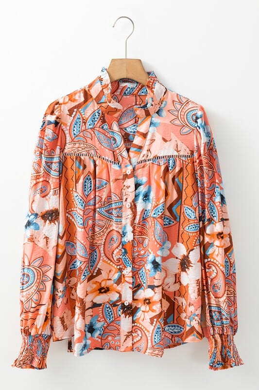 Fall Paisley Shirred Button Up Top Kentce
