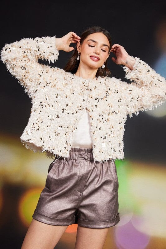 Feathered Sequin Cardigan skies are blue