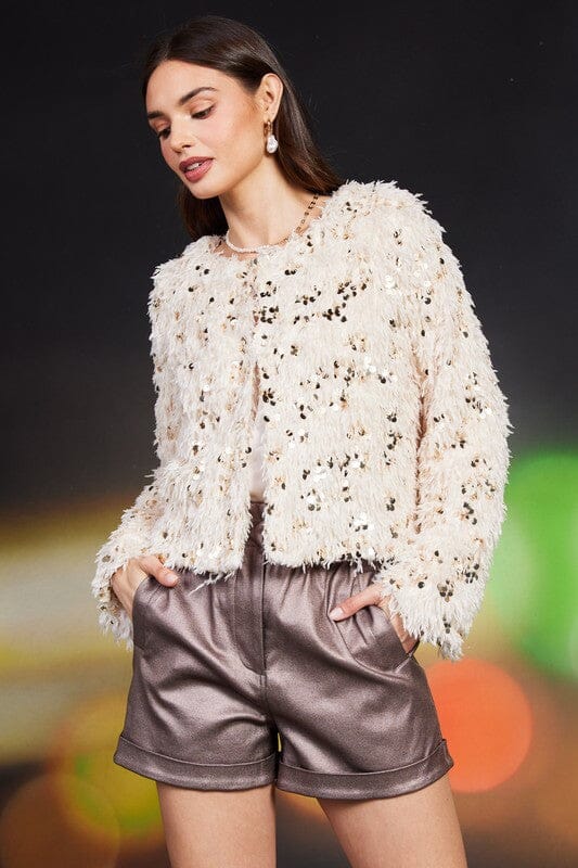 Feathered Sequin Cardigan skies are blue