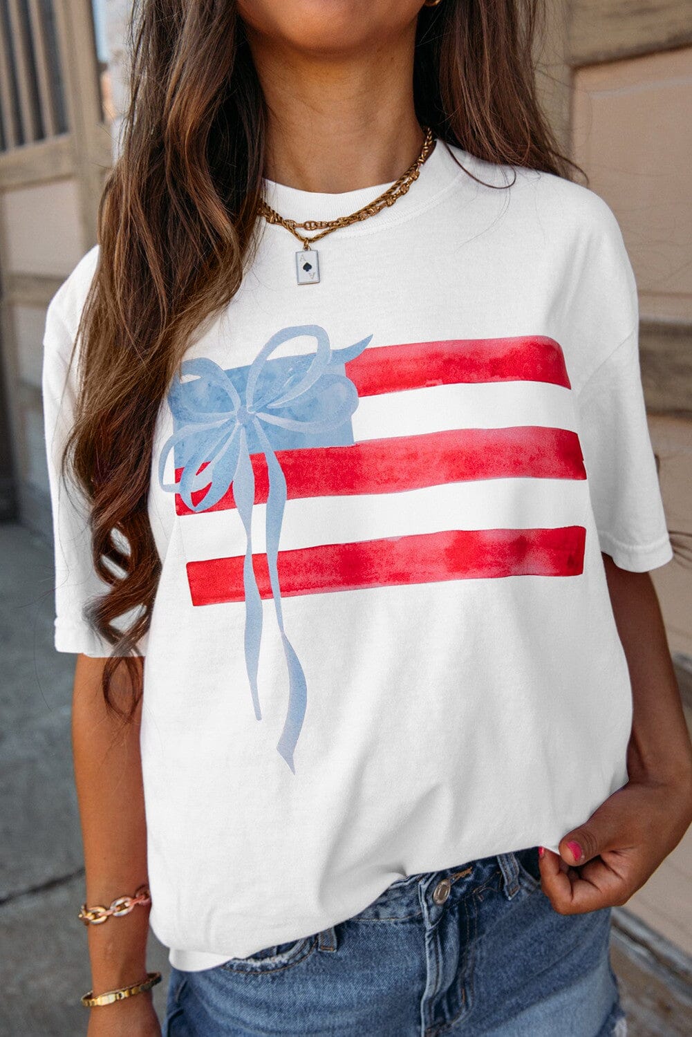 Flag Bow Graphic Crew Neck Tee Kentce