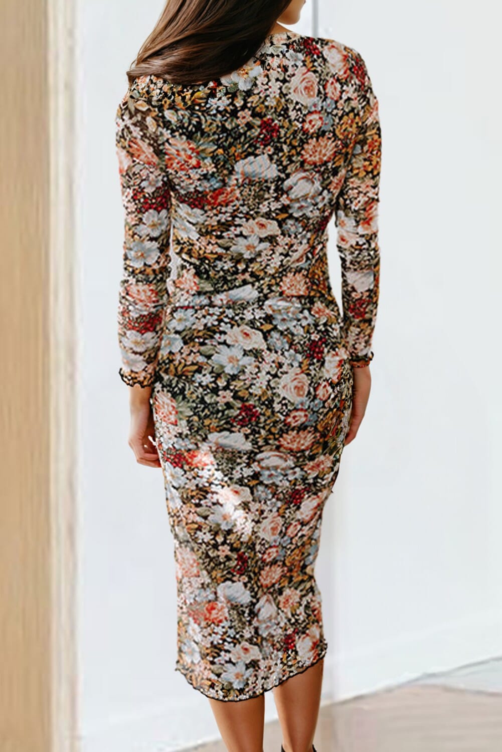 Floral Allover Print Mock Neck Bodycon Dress shiying