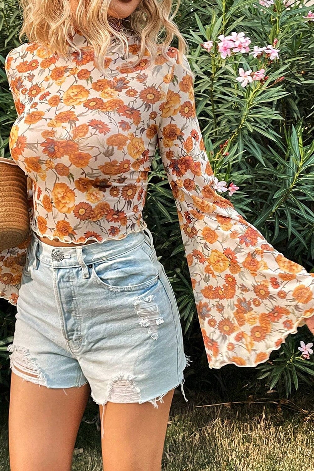Floral Bell Sleeve Mock Neck Scallop Trim Blouse Youmi
